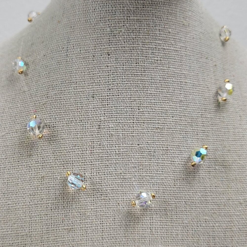 Vintage Faceted AB Crystal Nylon String Station Necklace 14.5 In Gold Tone Clasp
